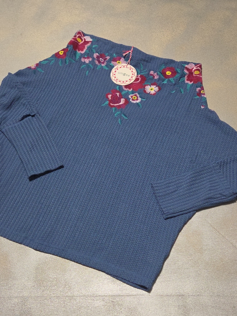 Umgee Blue Floral Mock Neck Sweater with Embroidered Accents